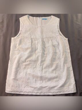 J. McLaughlin Women White Embroidered Sleeveless Top Sz L Cotton Summer Coastal
